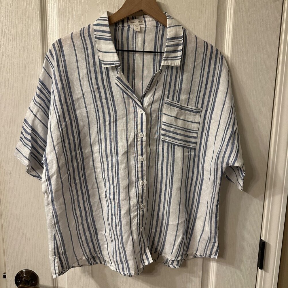 Garnet Hill | Womens 16 XL 100% Linen Stripe Button Up Top Coastal Grandma Camp